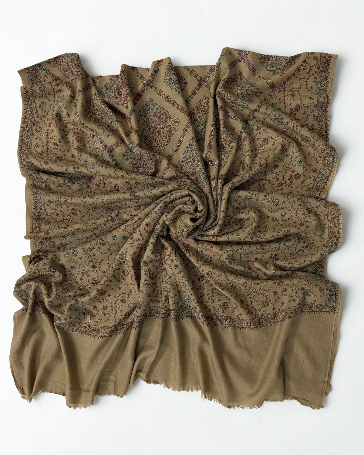Swati Shahtoosh fully embroidered shawl in khaki, hand-embroidered Swati pashmina, view 2