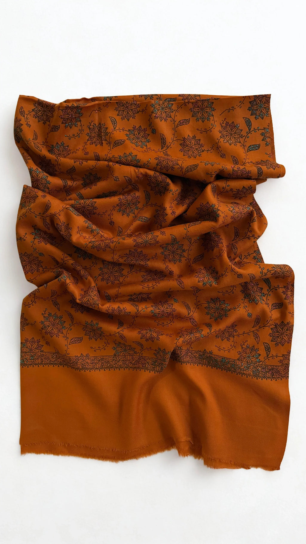Kashmiri Pashmina fully embroidered shawl in burnt orange, view 2