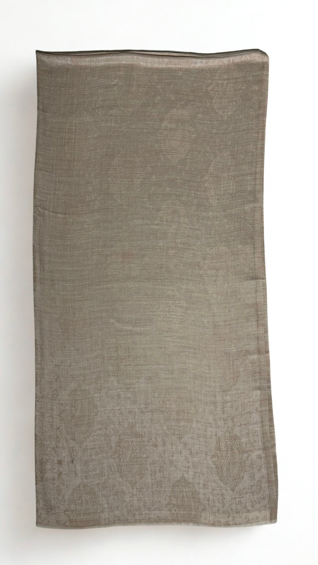 Stone taupe fine pashmina Palladar shawl folded flat, with a self-coloured paisley weave visible in the light