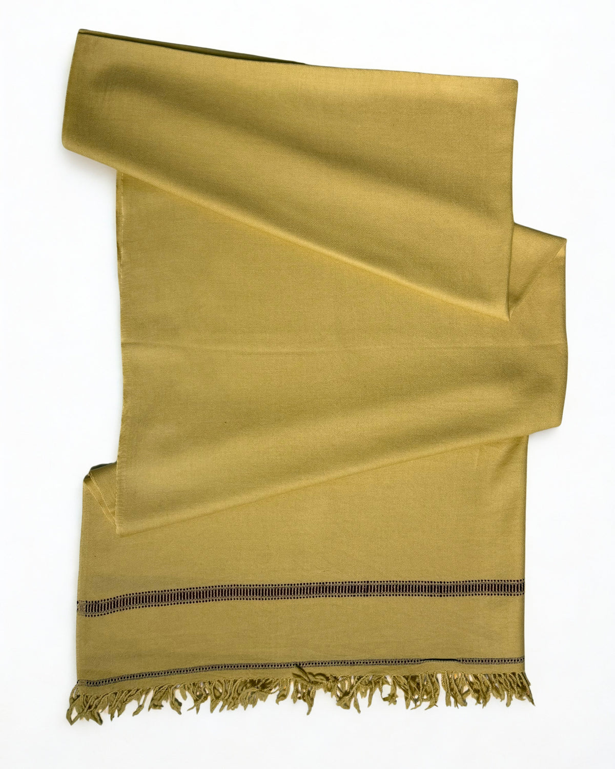 Olive gold men's Swati pashmina shawl folded back, showing the end bands and fringe