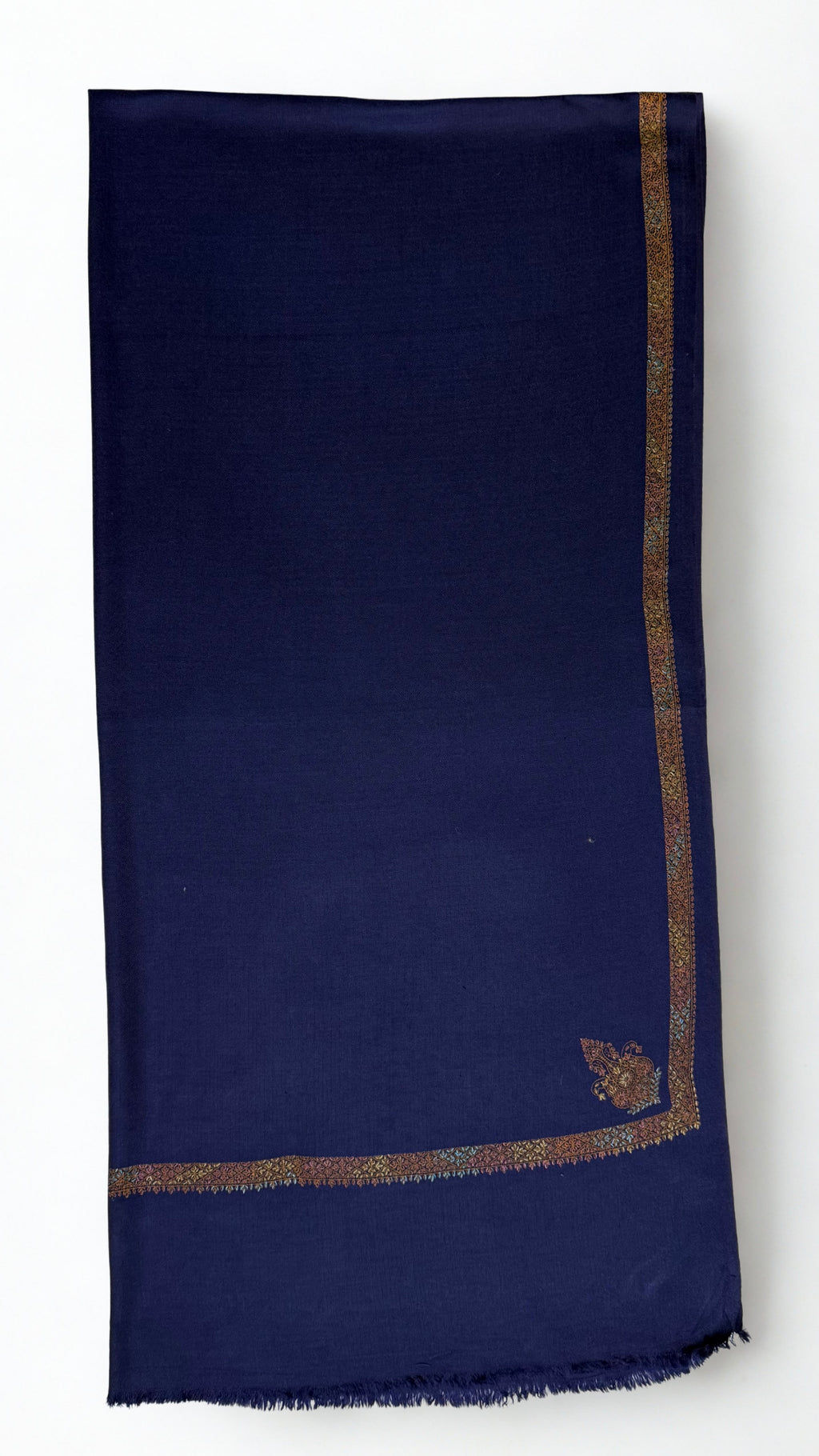 Navy Swati Shahtoosh shawl folded full length, plain field with a hand-embroidered gold border and corner paisley