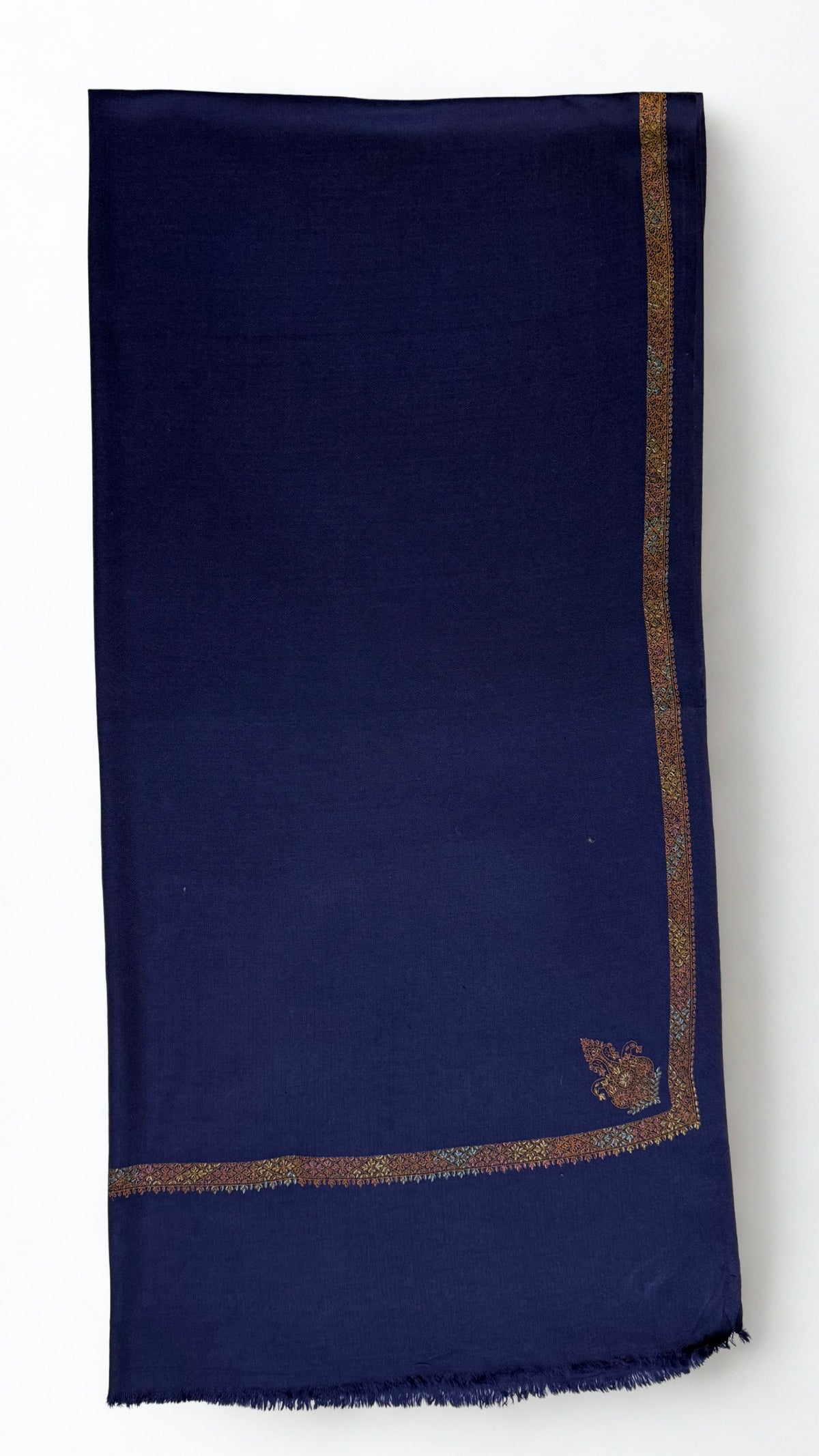 Navy Swati Shahtoosh shawl folded full length, plain field with a hand-embroidered gold border and corner paisley