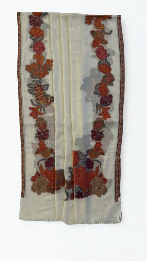Pure Kashmiri Pashmina Kani shawl in white, handwoven Kani pashmina
