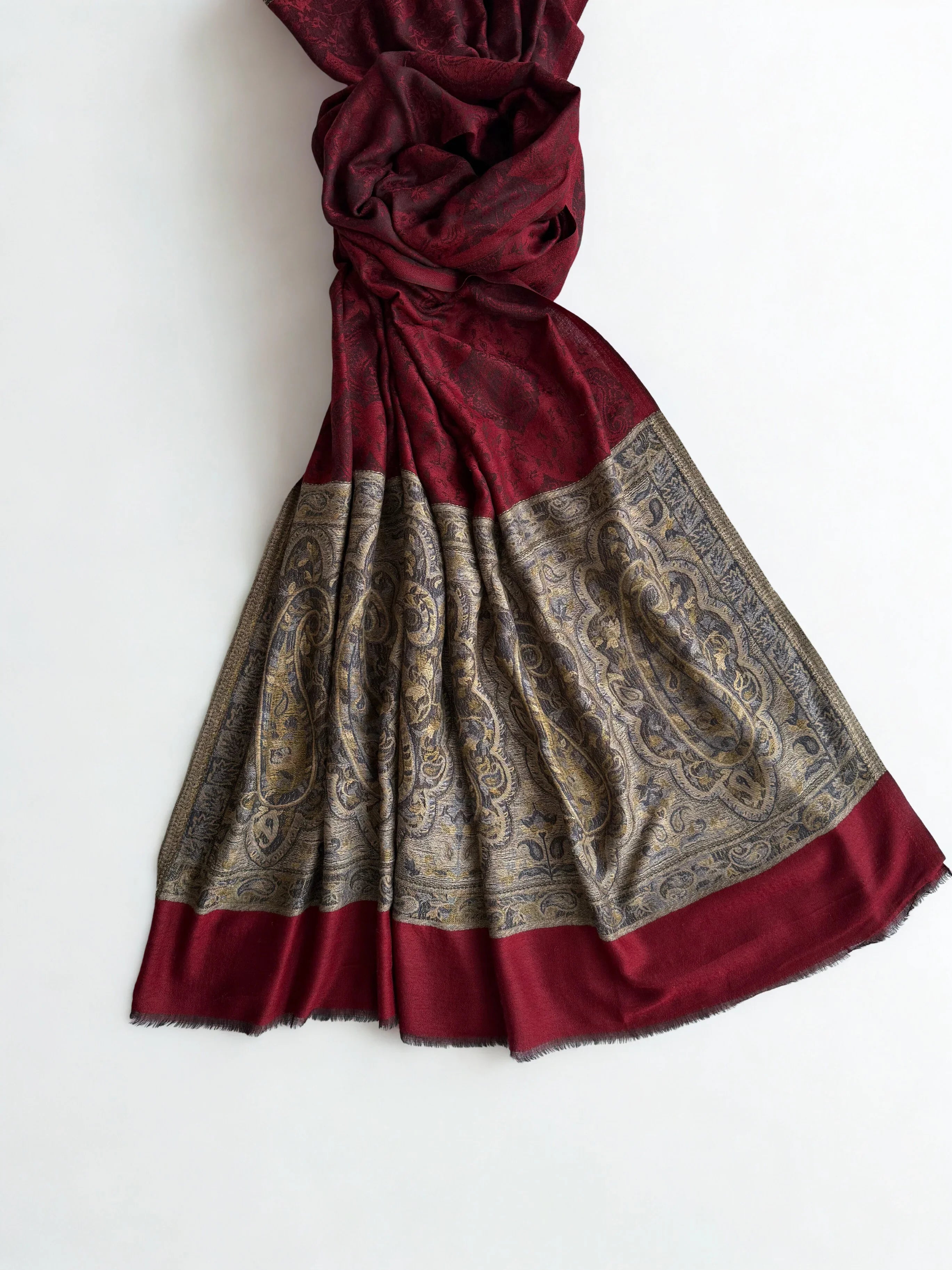 Fine Pashmina Ring Palladar shawl in dark red, handwoven pashmina ring shawl, view 7