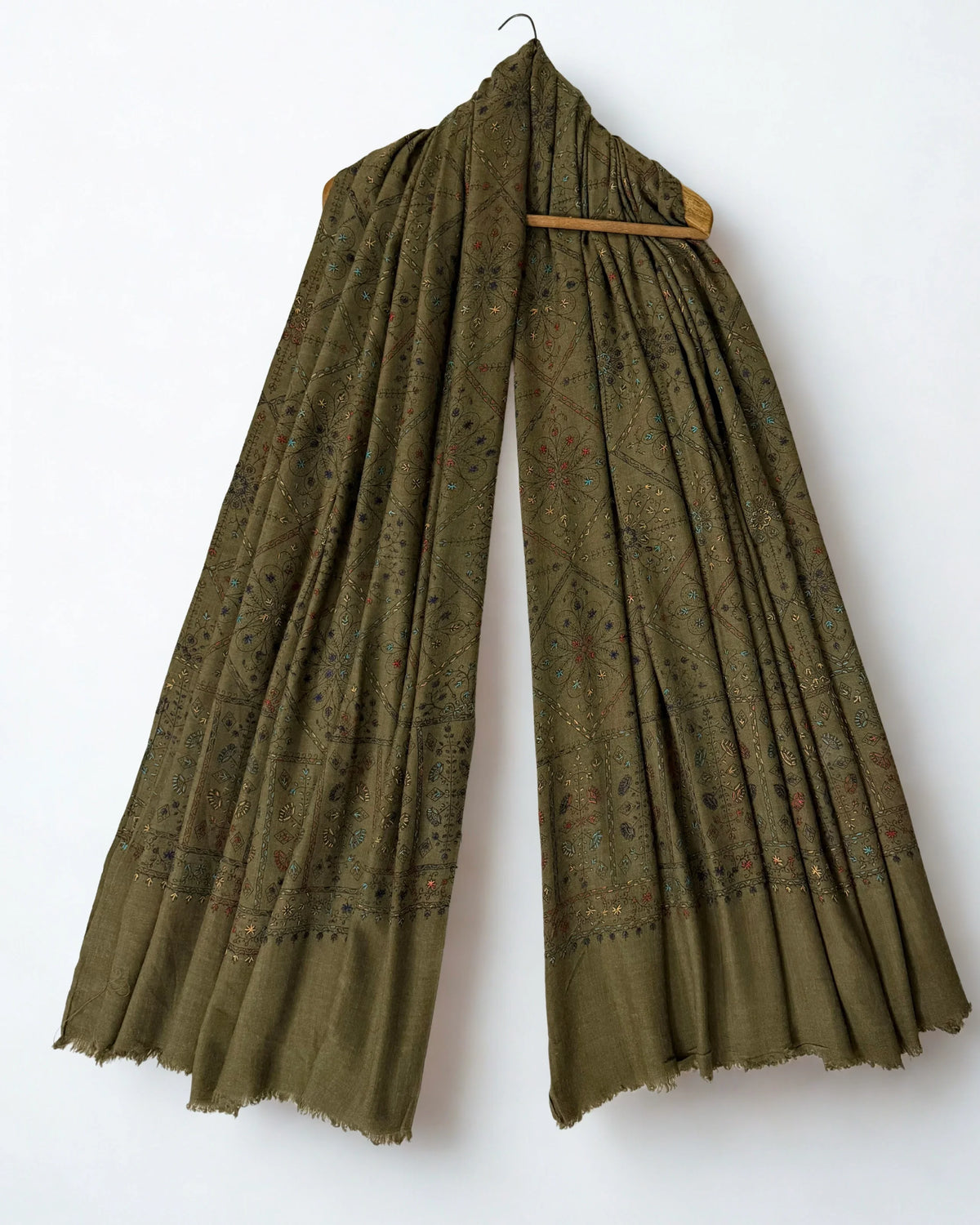 Swati Shahtoosh fully embroidered shawl in khaki green, hand-embroidered Swati pashmina