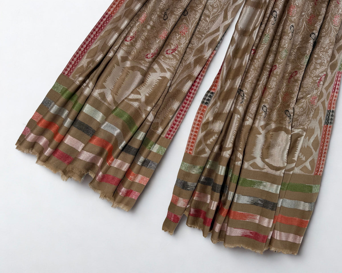Shawl folded back to show the wide silver border meeting the patterned field