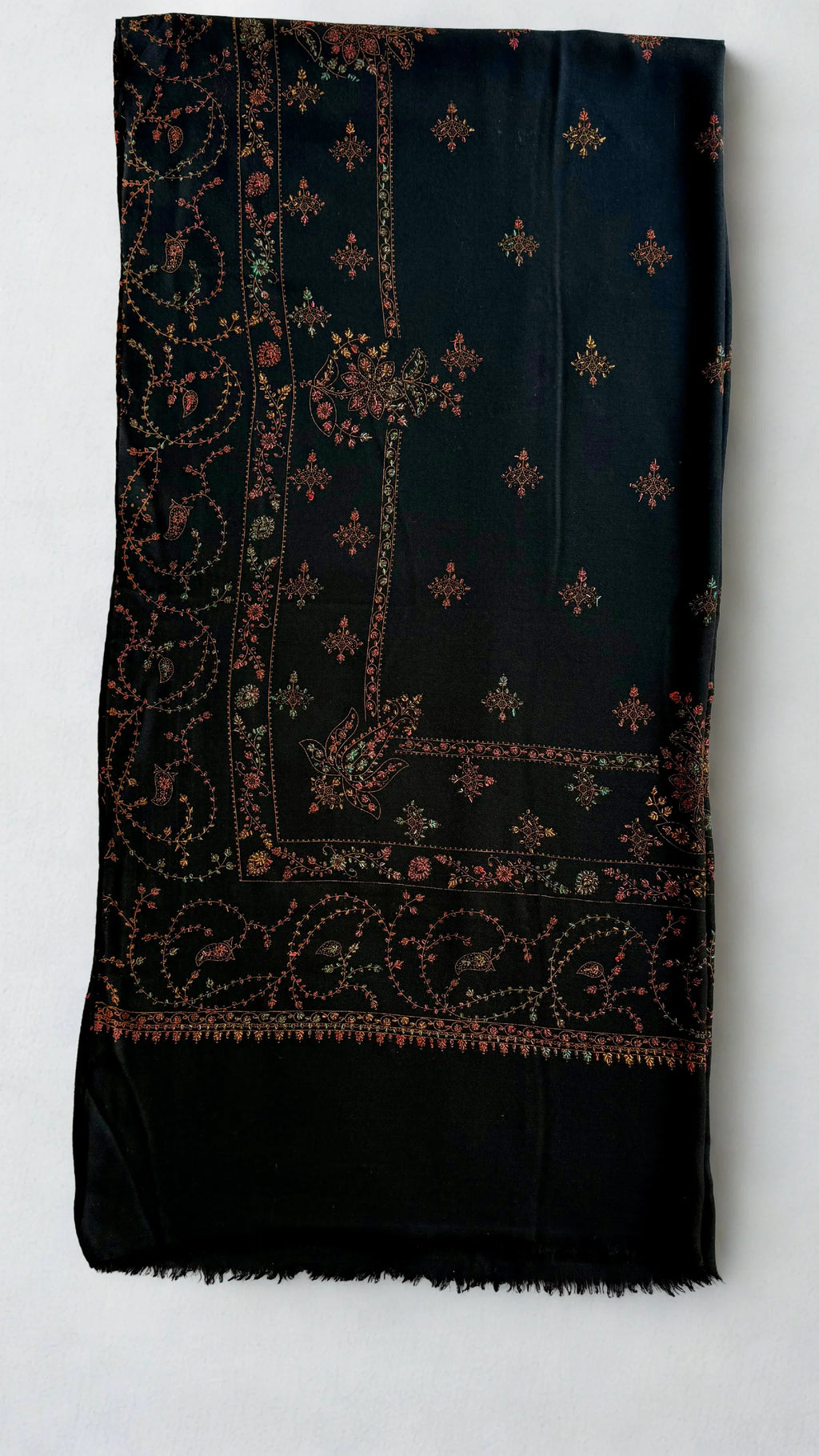 Swati Shahtoosh fully embroidered shawl in black, hand-embroidered Swati pashmina, view 3