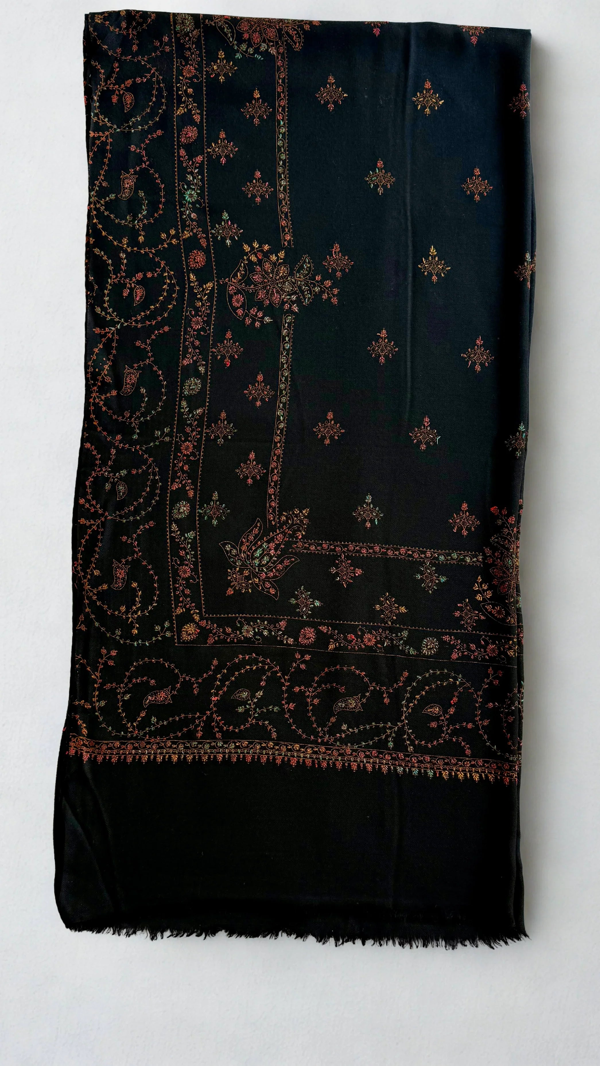 Swati Shahtoosh fully embroidered shawl in black, hand-embroidered Swati pashmina, view 3