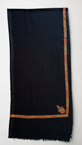 Black Swati Shahtoosh shawl with a fine hand-embroidered saffron border, laid flat