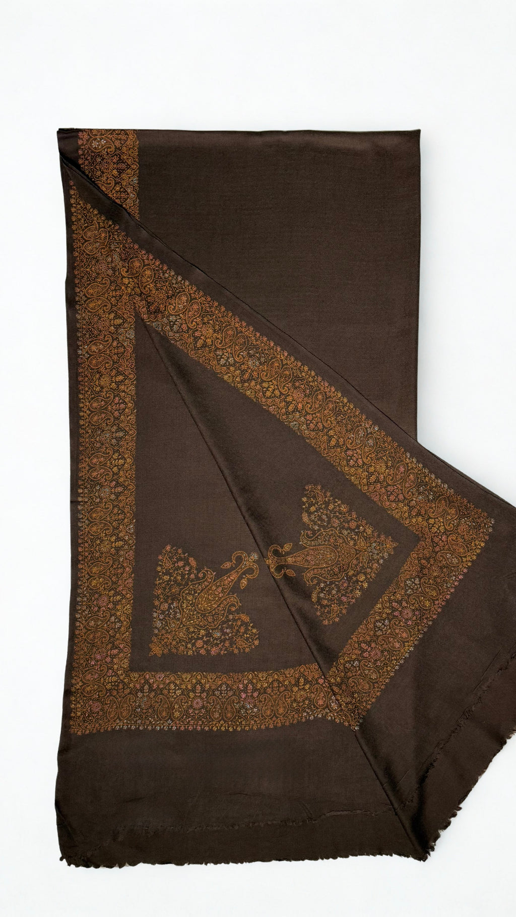 Espresso brown Swati Shahtoosh shawl showing the wide paisley border and the large flowering paisley buta on the field at the corner