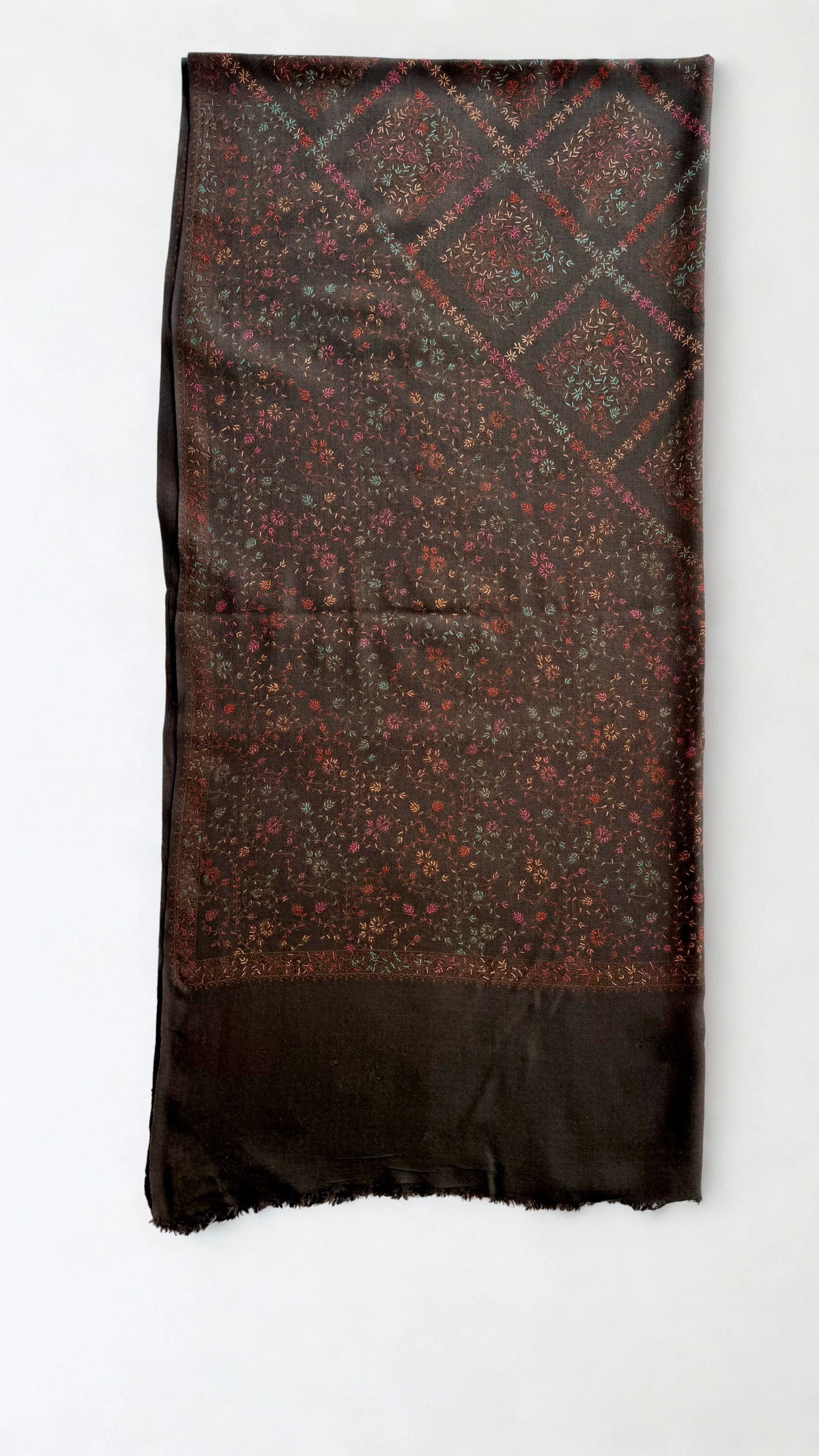 Swati Shahtoosh fully embroidered shawl in espresso brown, hand-embroidered Swati pashmina