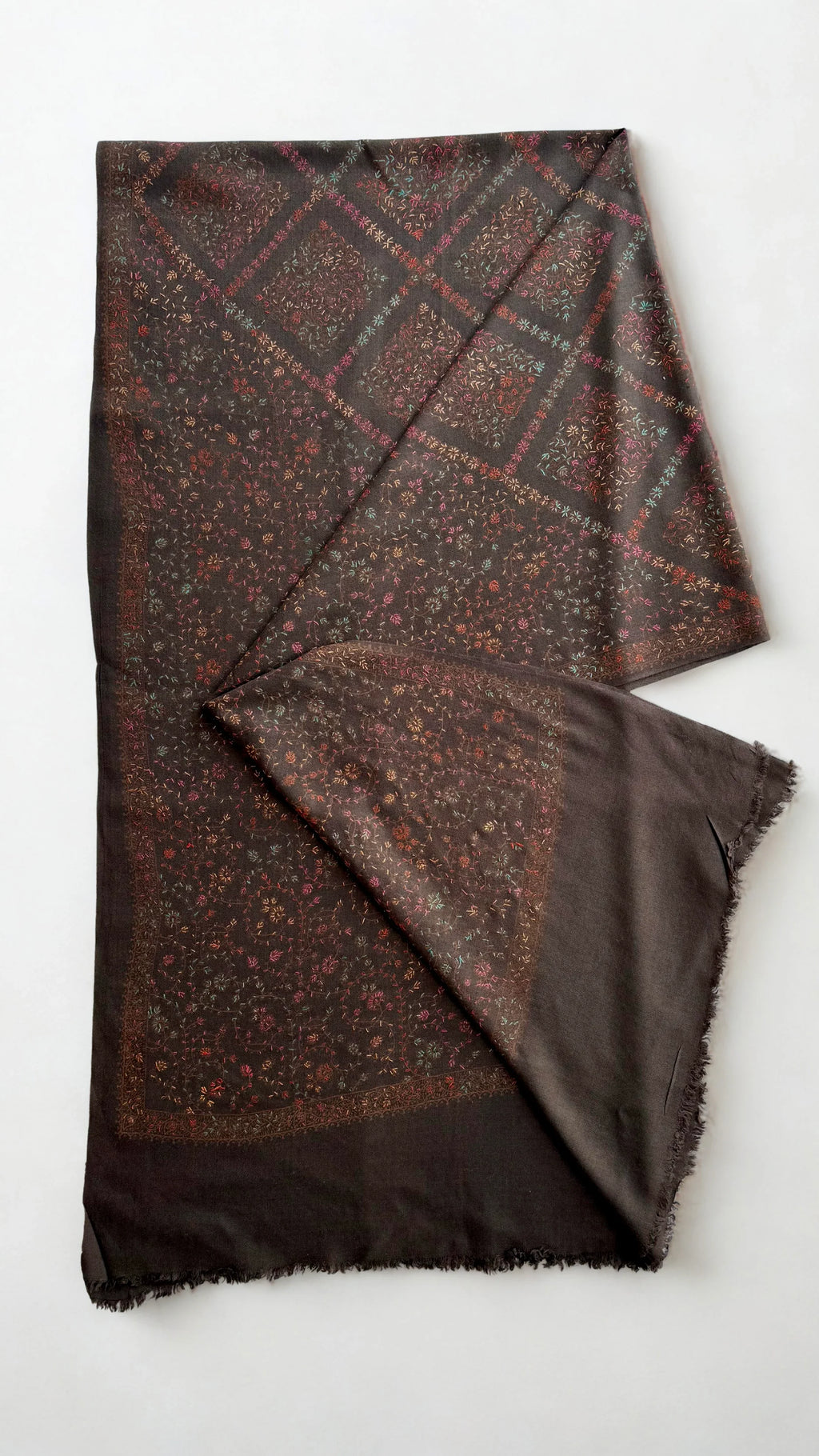 Swati Shahtoosh fully embroidered shawl in espresso brown, hand-embroidered Swati pashmina, view 2