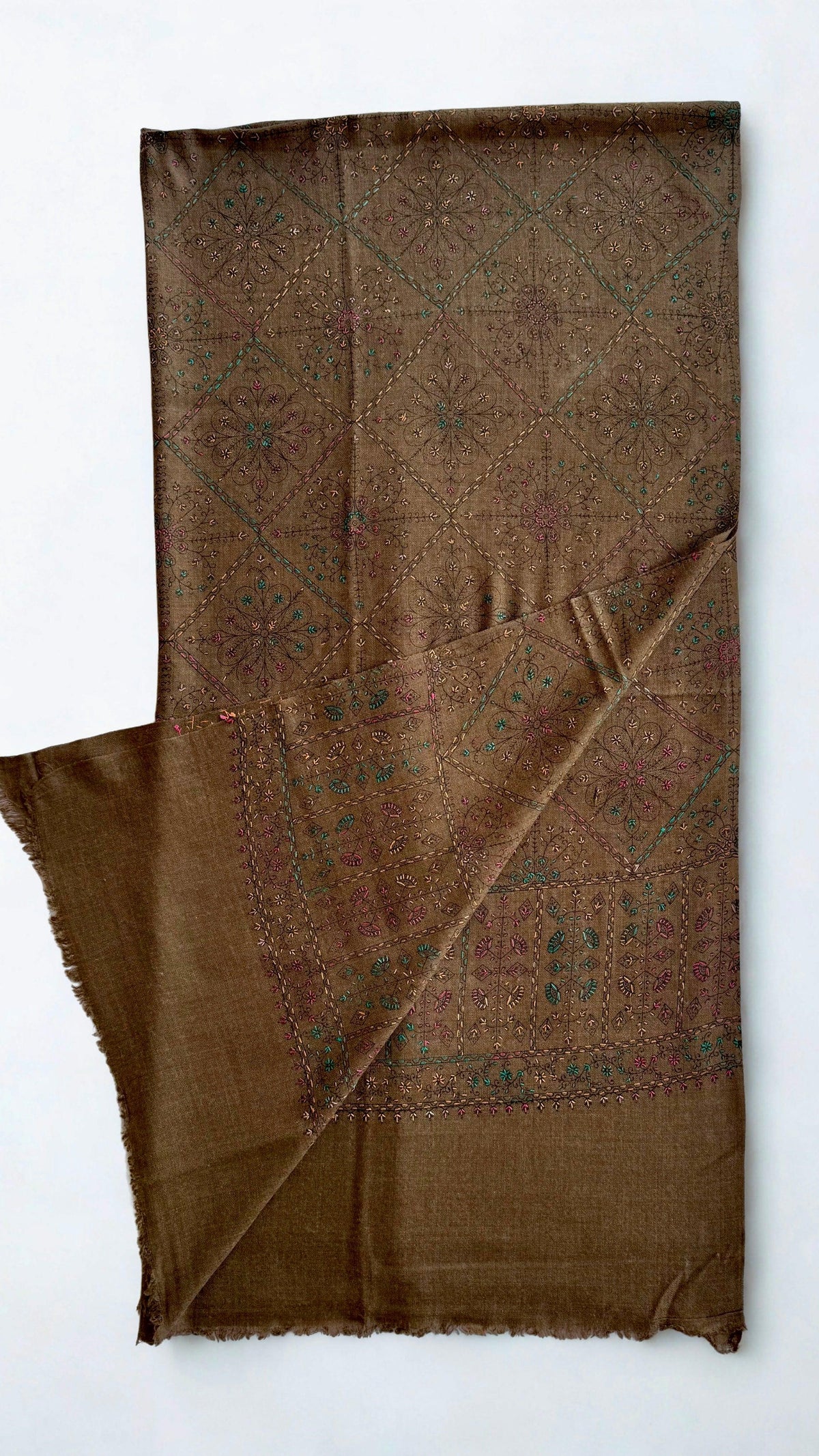 Swati Shahtoosh fully embroidered shawl in khaki brown, hand-embroidered Swati pashmina