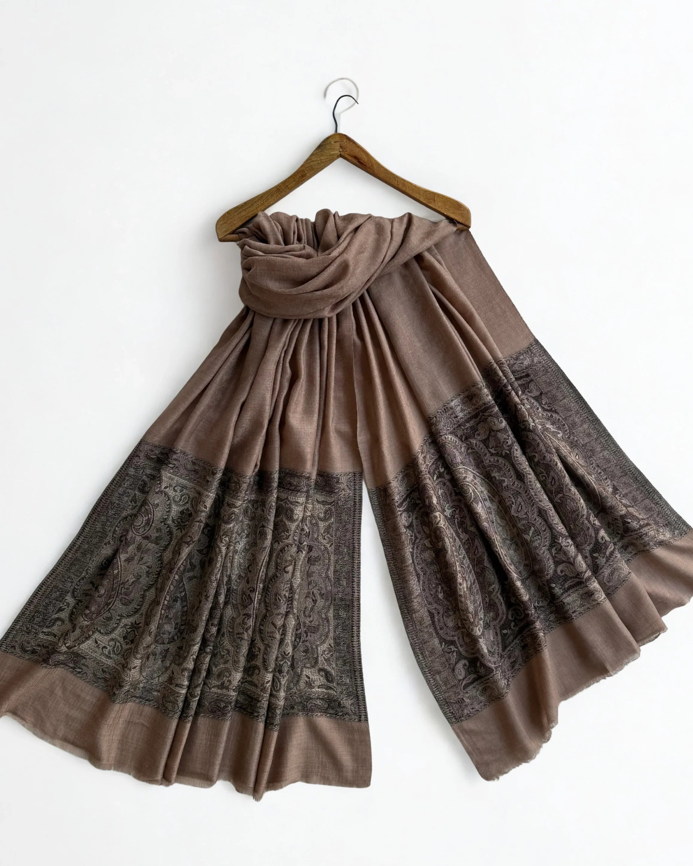 Fine Pashmina Ring Palladar shawl in taupe, handwoven pashmina ring shawl, view 4