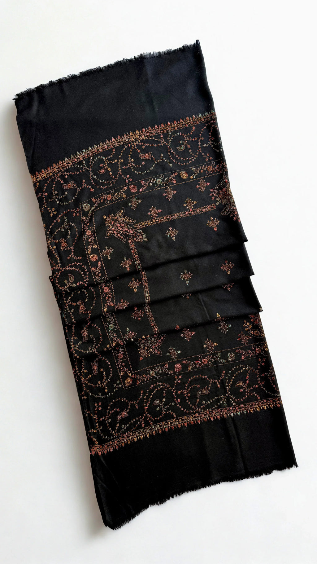 Swati Shahtoosh fully embroidered shawl in black, hand-embroidered Swati pashmina, view 2