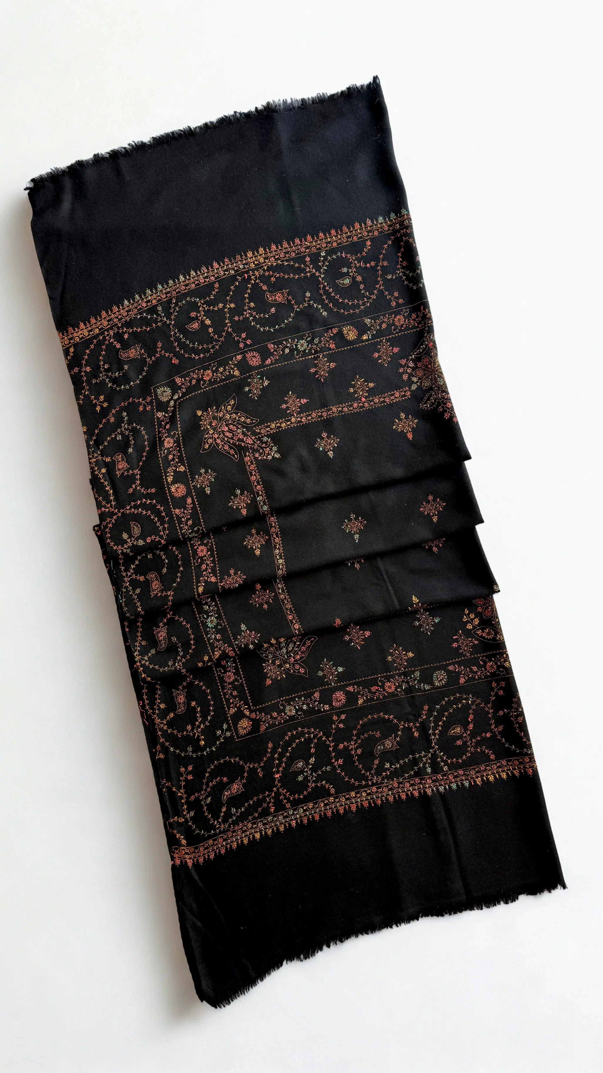 Swati Shahtoosh fully embroidered shawl in black, hand-embroidered Swati pashmina, view 2