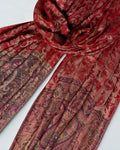 Scarlet fine pashmina ring (Palladar) shawl with indigo-ground paisley border, laid flat