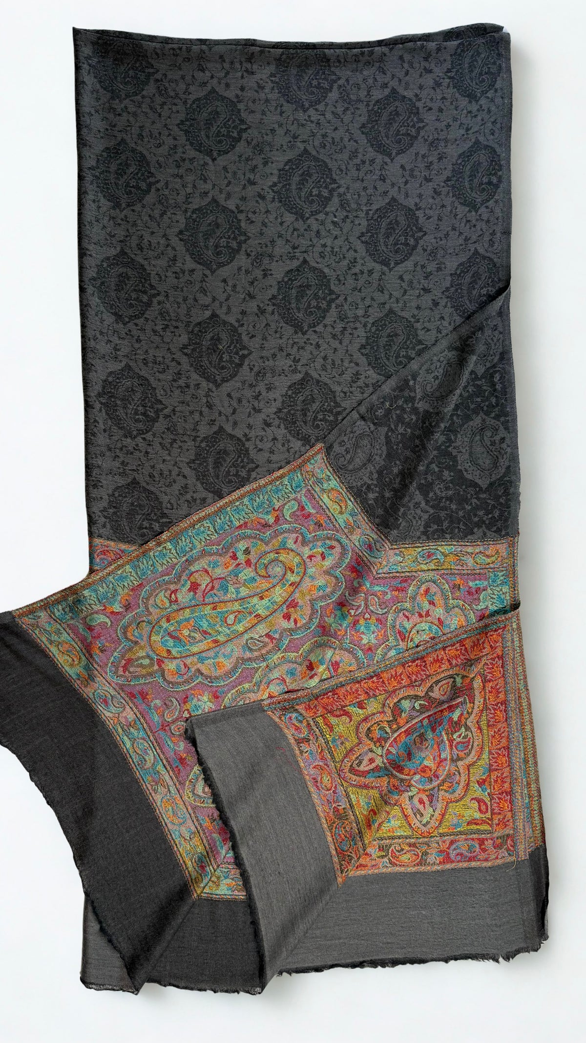 The saffron-gold palla with large curling paisleys in red, coral, lilac and turquoise