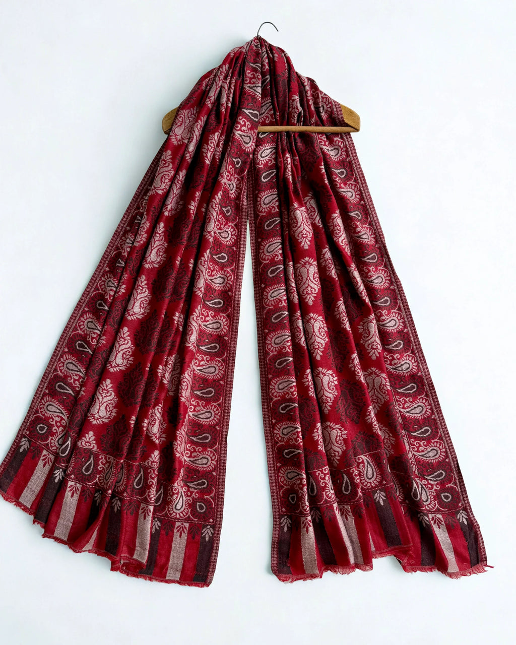 Fine Pashmina Ring shawl in red and white, handwoven pashmina ring shawl, view 2