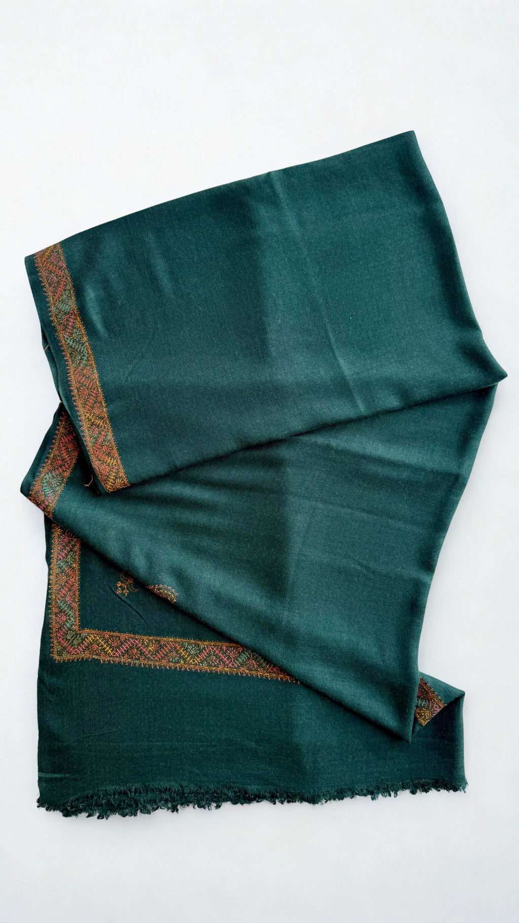 Swati Shahtoosh thinly embroidered shawl in teal green, hand-embroidered Swati pashmina, view 2