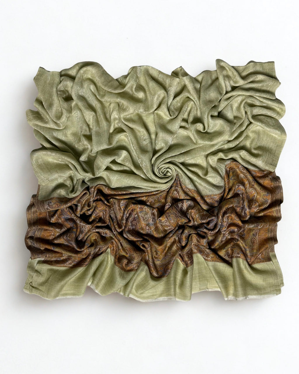 Pistachio fine pashmina Palladar shawl swirled from above, pale green field over the bronze paisley palla
