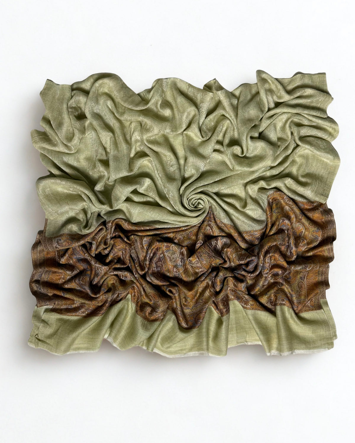 Pistachio fine pashmina Palladar shawl swirled from above, pale green field over the bronze paisley palla