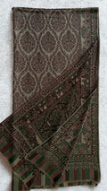 Plum and moss Kani pashmina shawl laid flat, all-over ogee medallion lattice with floral and paisley borders and an arcaded striped end panel