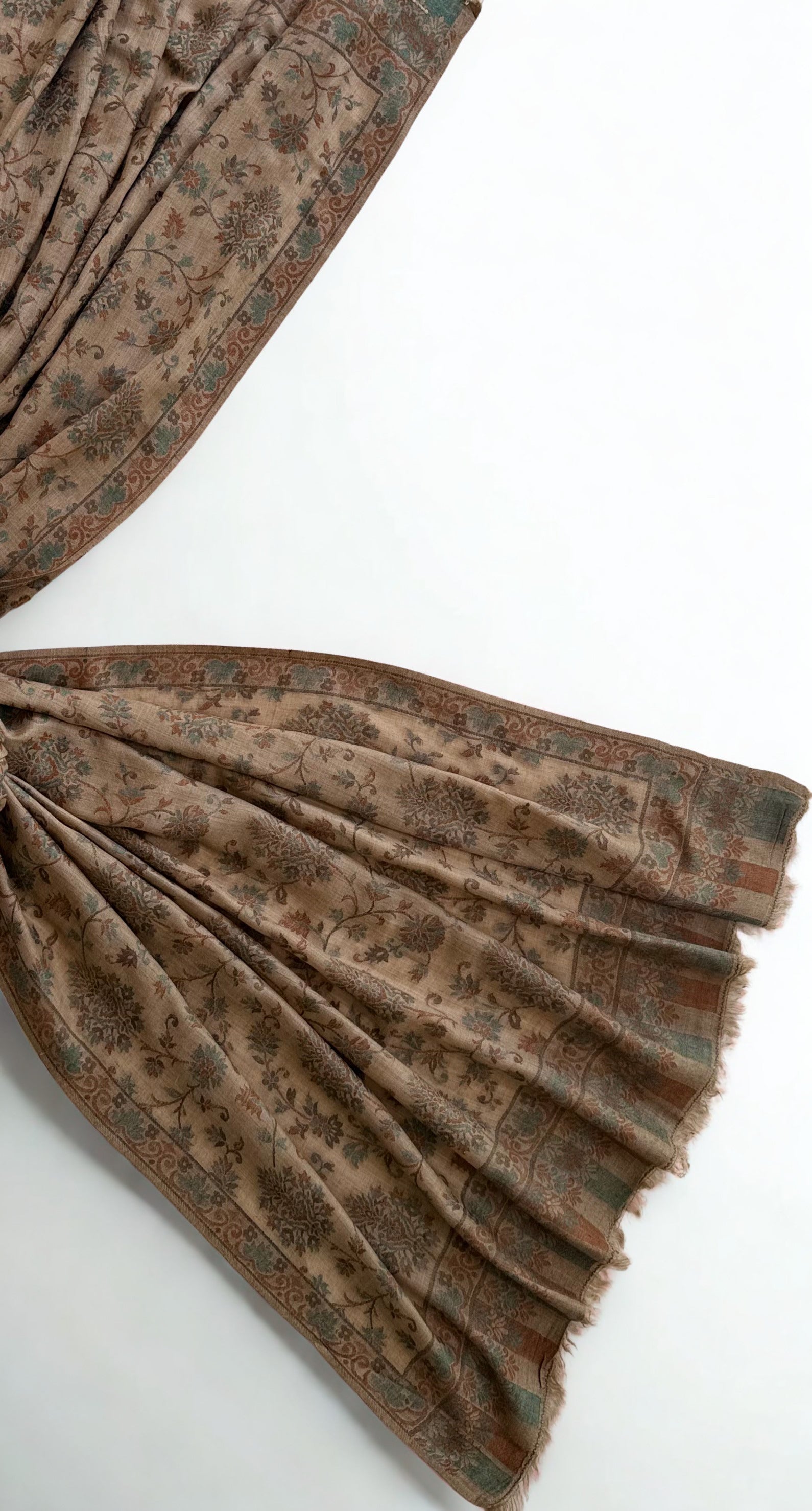 Detail of the scrolling border and striped fringed end on a camel Kani pashmina shawl