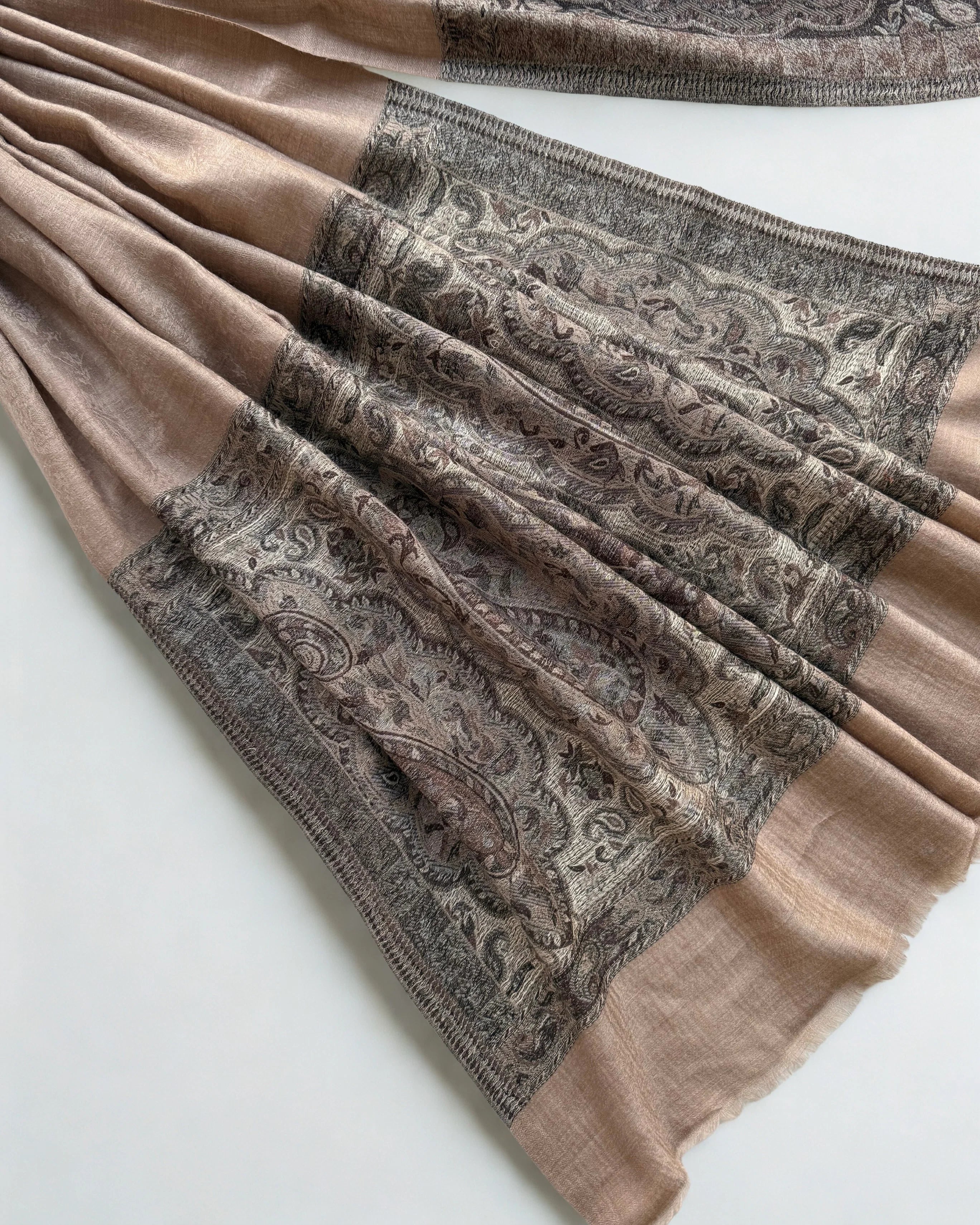 Fine Pashmina Ring Palladar shawl in taupe, handwoven pashmina ring shawl, view 2