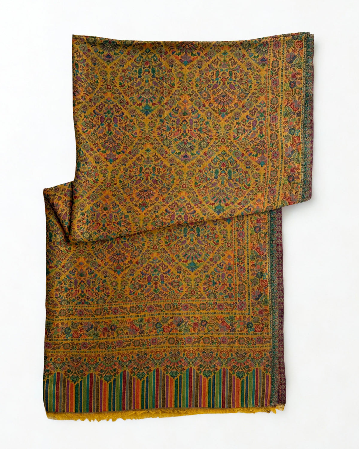 Marigold jamawar pashmina shawl folded back to show the reverse of the woven medallion pattern and the striped end band