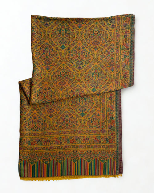 Marigold jamawar pashmina shawl folded back to show the reverse of the woven medallion pattern and the striped end band
