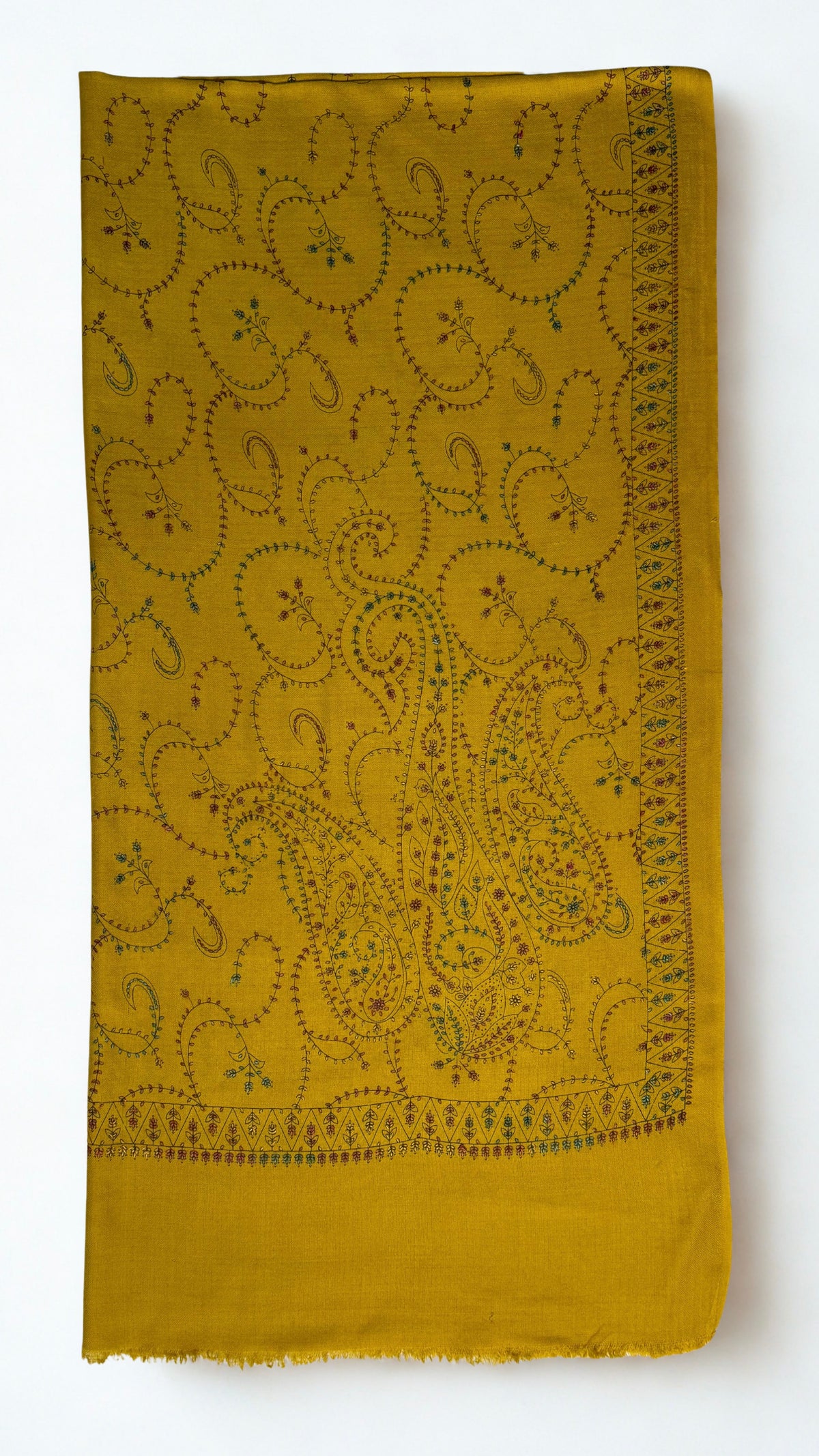 Mustard Swati Shahtoosh shawl folded full length, hand-embroidered paisley vine across the whole field