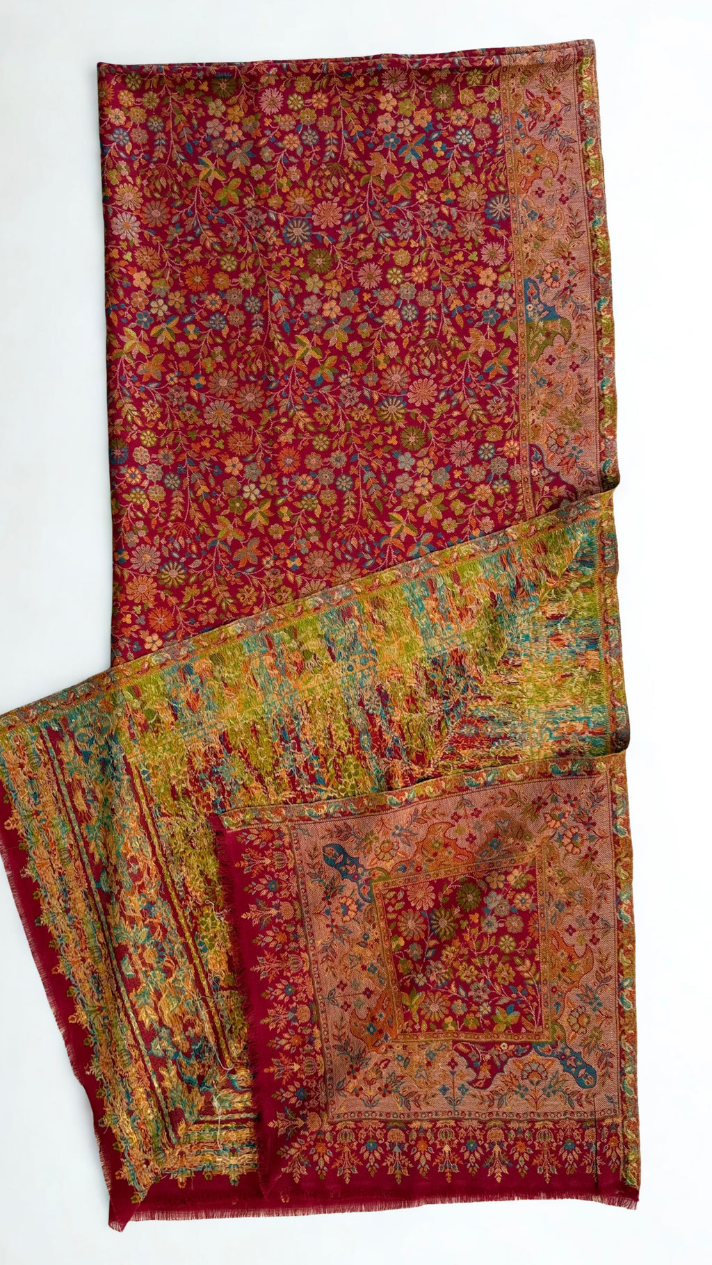 Crimson Zari Kani pashmina shawl laid flat, dense gold and multicoloured flowering field within a wide ornamented border