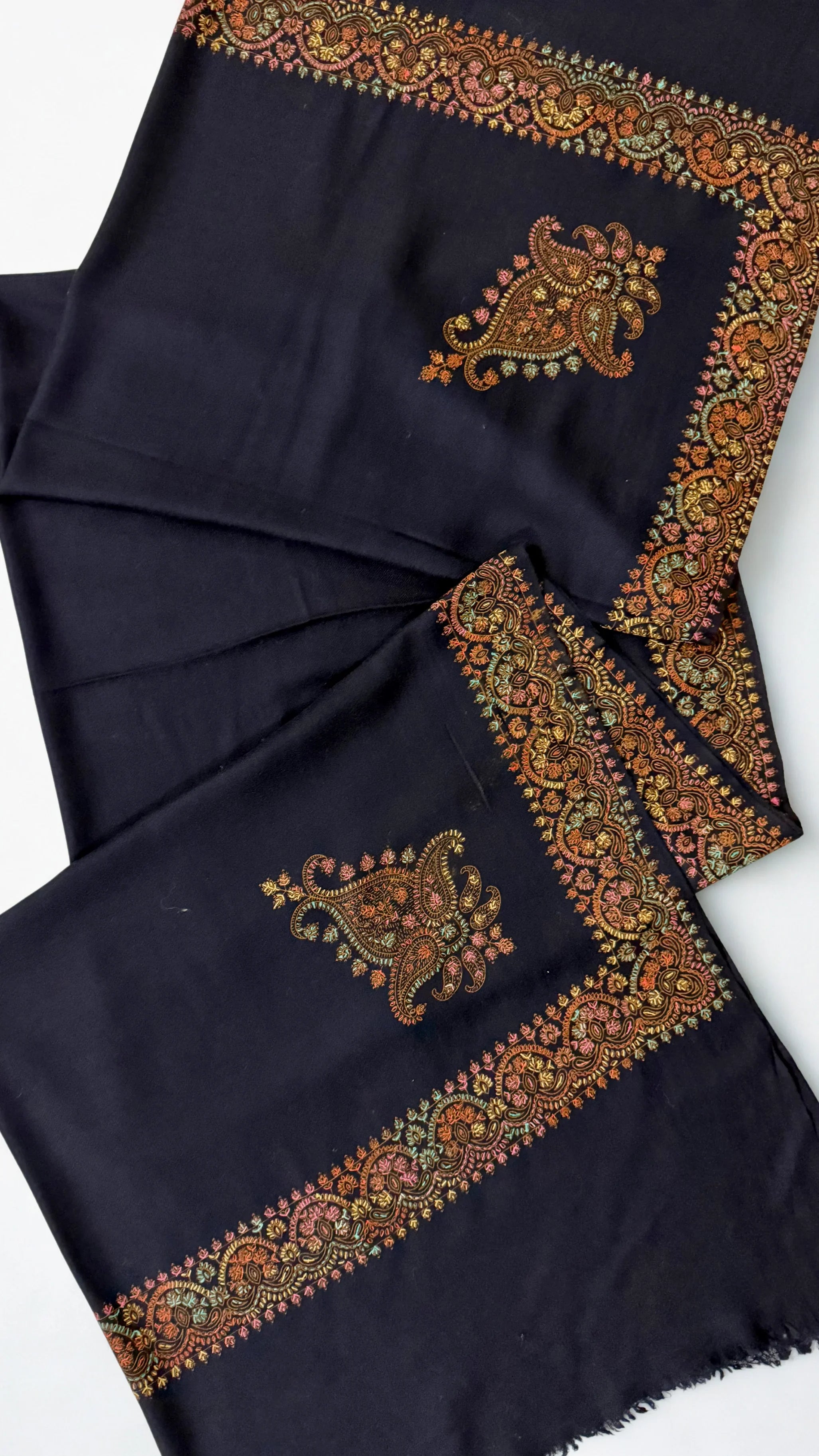 Swati Shahtoosh embroidered shawl in navy blue, hand-embroidered Swati pashmina