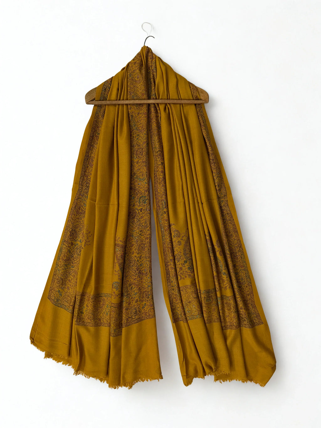 Swati Shahtoosh embroidered shawl in mustard, hand-embroidered Swati pashmina
