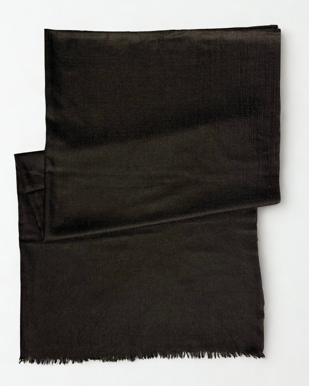 Espresso brown Swati Shahtoosh shawl folded diagonally on a white background, plain with a natural fringed edge