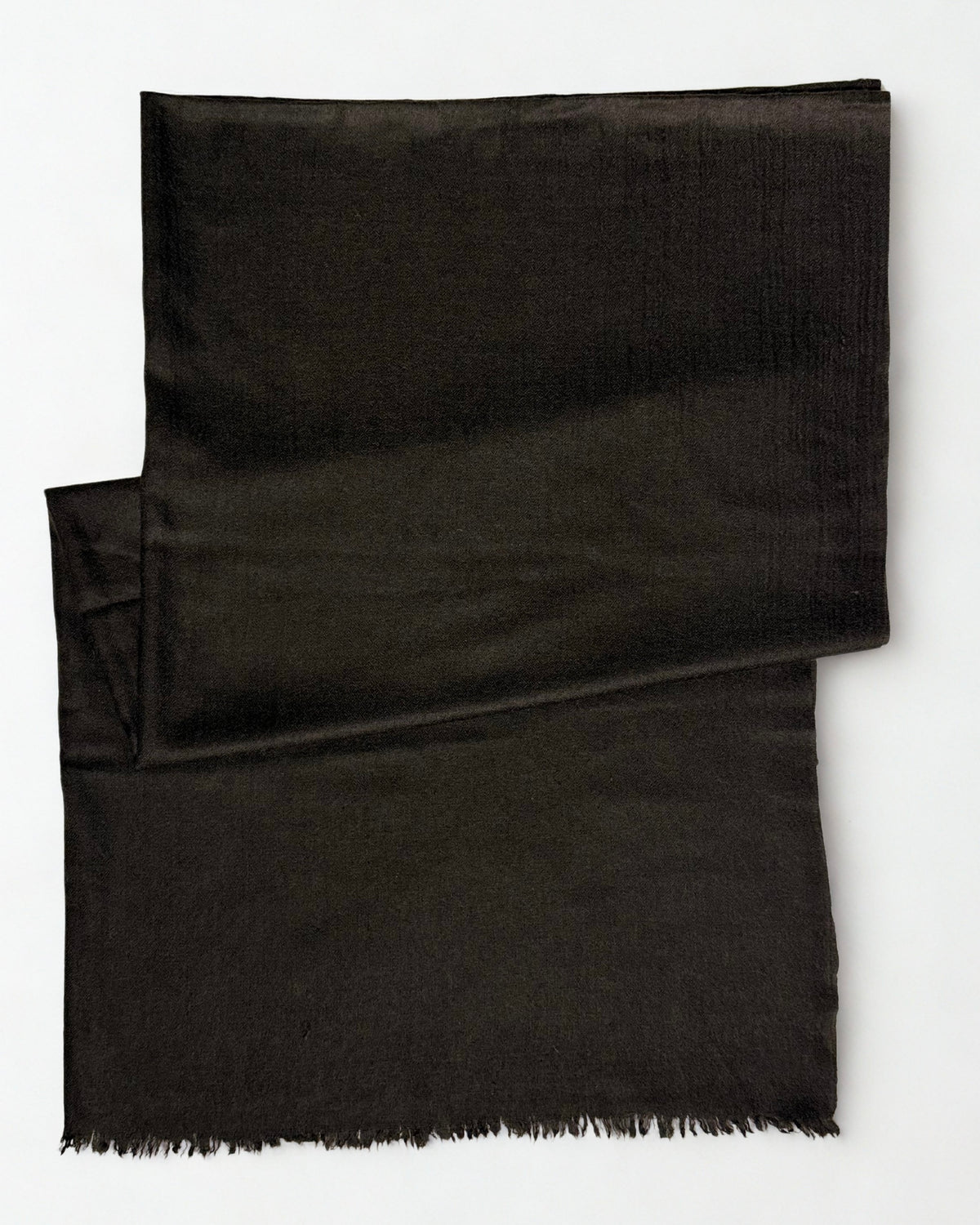 Espresso brown Swati Shahtoosh shawl folded diagonally on a white background, plain with a natural fringed edge