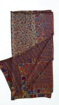 Stone Kani pashmina shawl laid flat, small central flowers growing outward into large blooms with a zigzag border and arcaded end panel