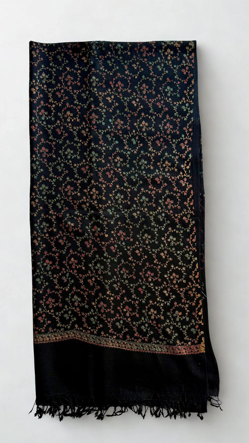 Pashmina woollen fully embroidered shawl in black, hand-embroidered pashmina