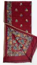 Claret Kani pashmina shawl gathered in a soft swirl, scattered blue and gold flower sprays with a wide rose border