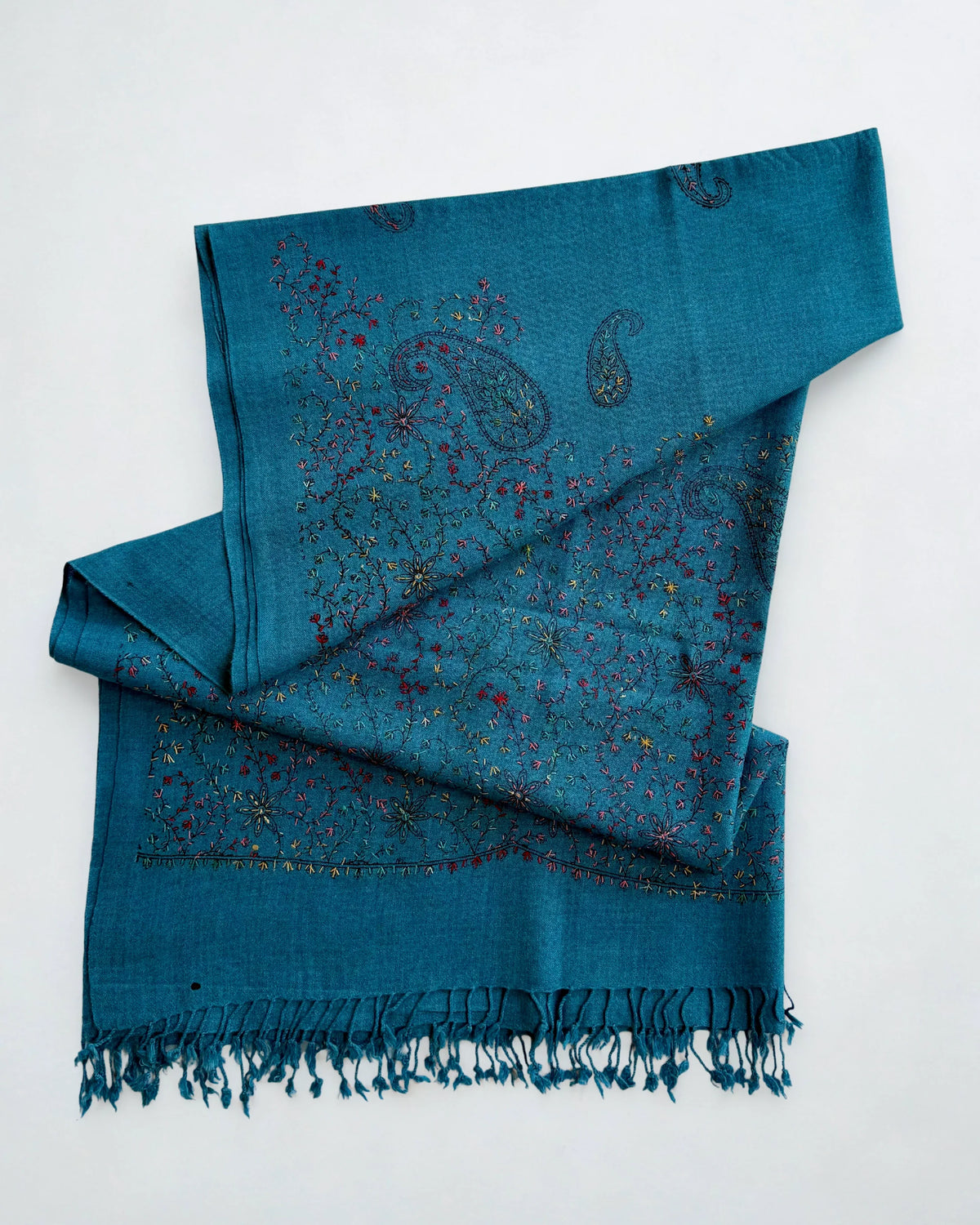 Pashmina woollen fully embroidered shawl in teal blue, hand-embroidered pashmina, view 3