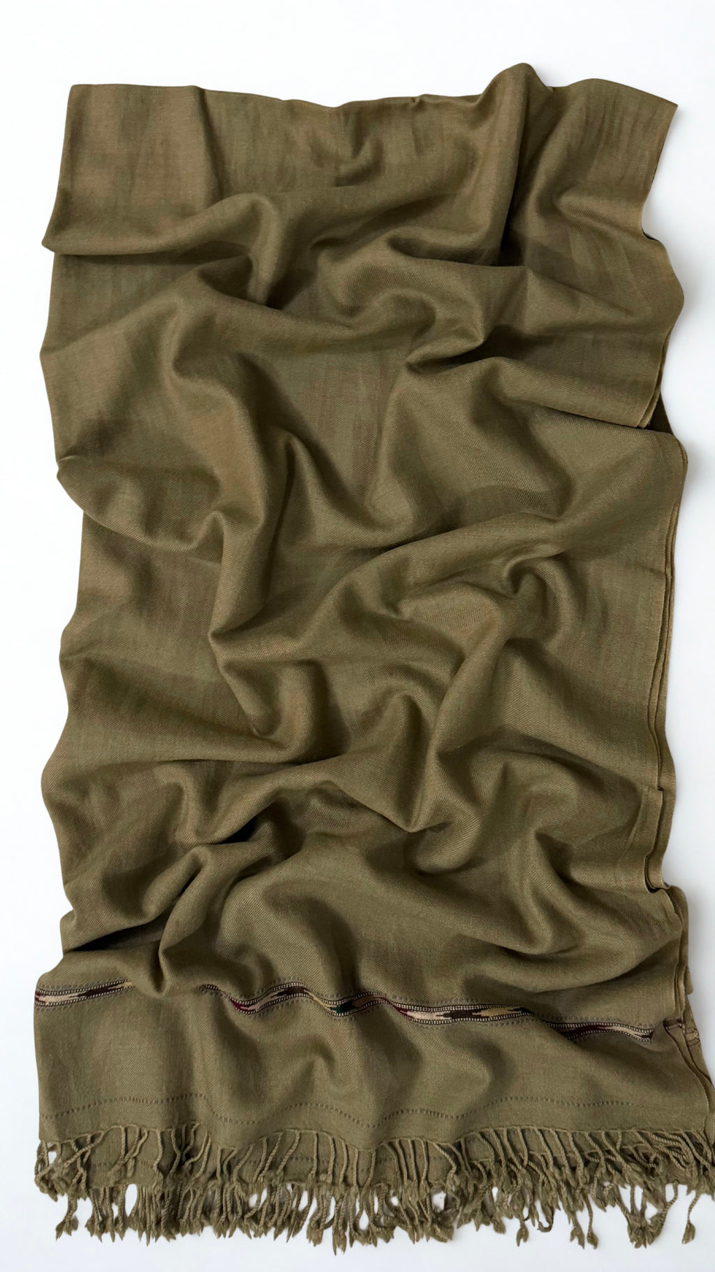 Brown men's Swati pashmina shawl laid out full length, plain 64-count wool weave with a woven end band