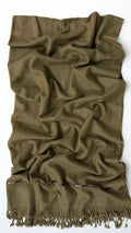 Brown men's Swati pashmina shawl laid out full length, plain 64-count wool weave with a woven end band