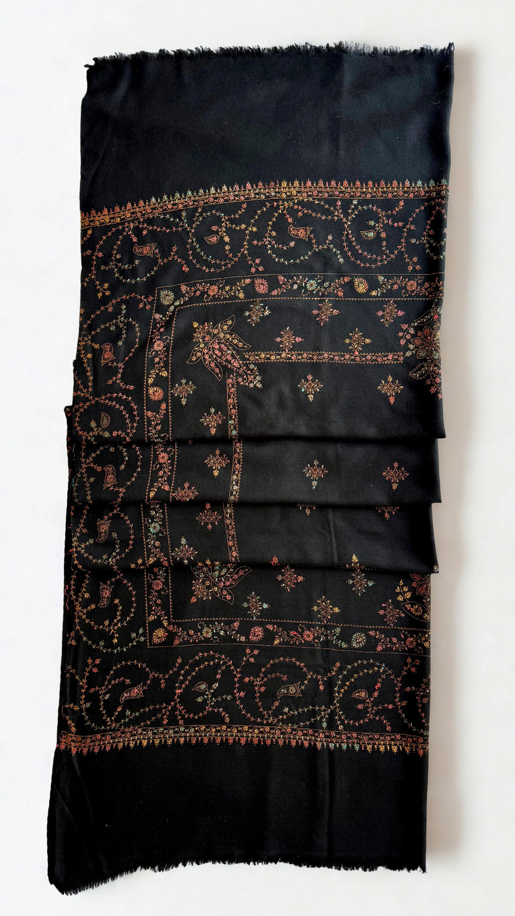 Swati Shahtoosh fully embroidered shawl in black, hand-embroidered Swati pashmina