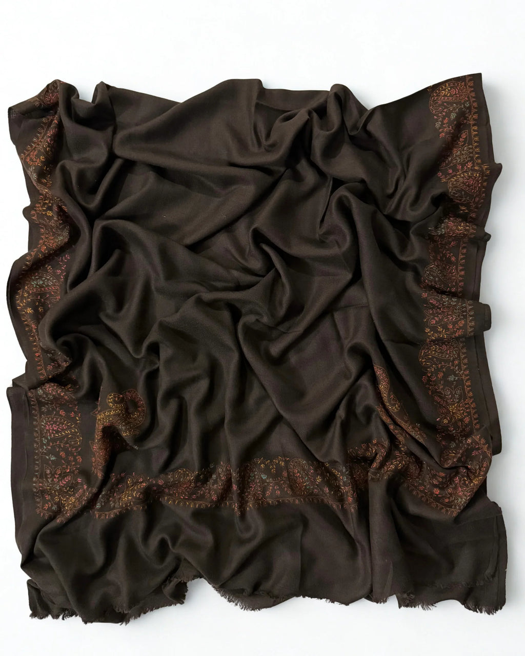 Swati Shahtoosh embroidered shawl in espresso brown, hand-embroidered Swati pashmina, view 2