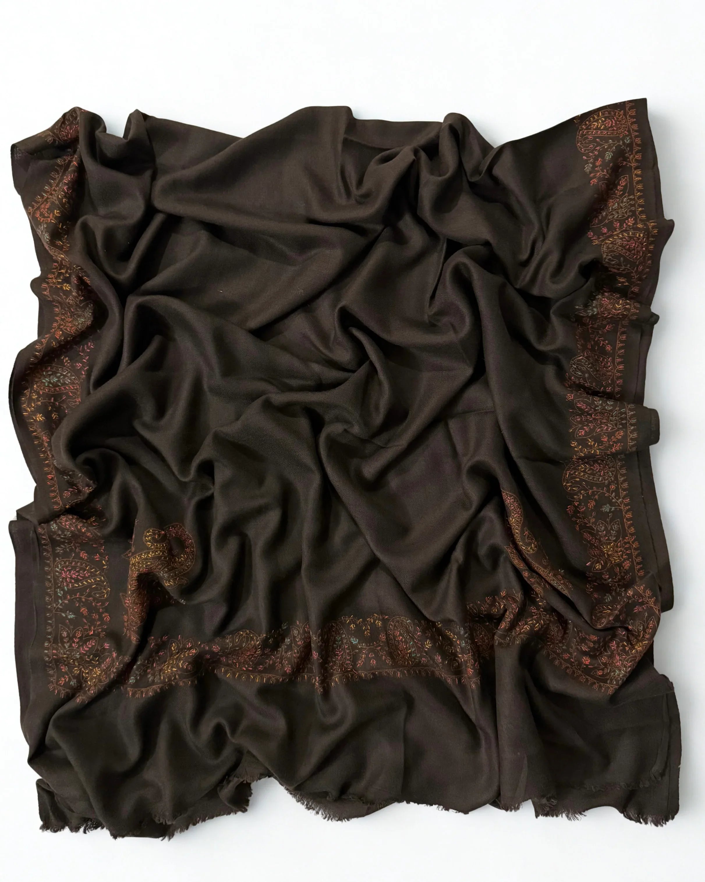 Swati Shahtoosh embroidered shawl in espresso brown, hand-embroidered Swati pashmina, view 2