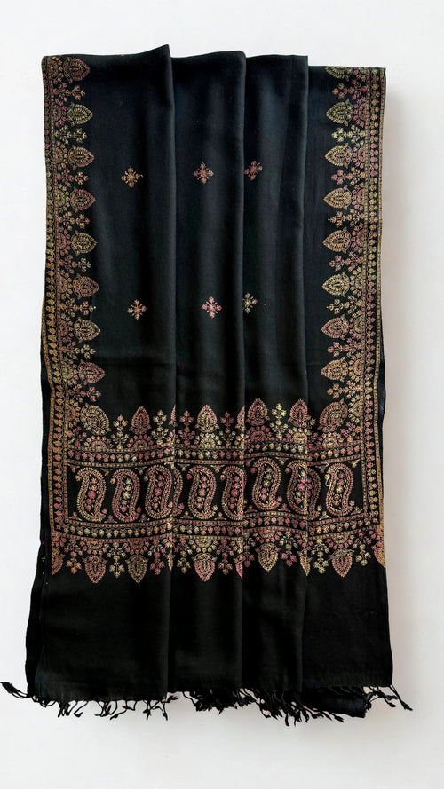 Pashmina fully embroidered shawl in black, hand-embroidered pashmina