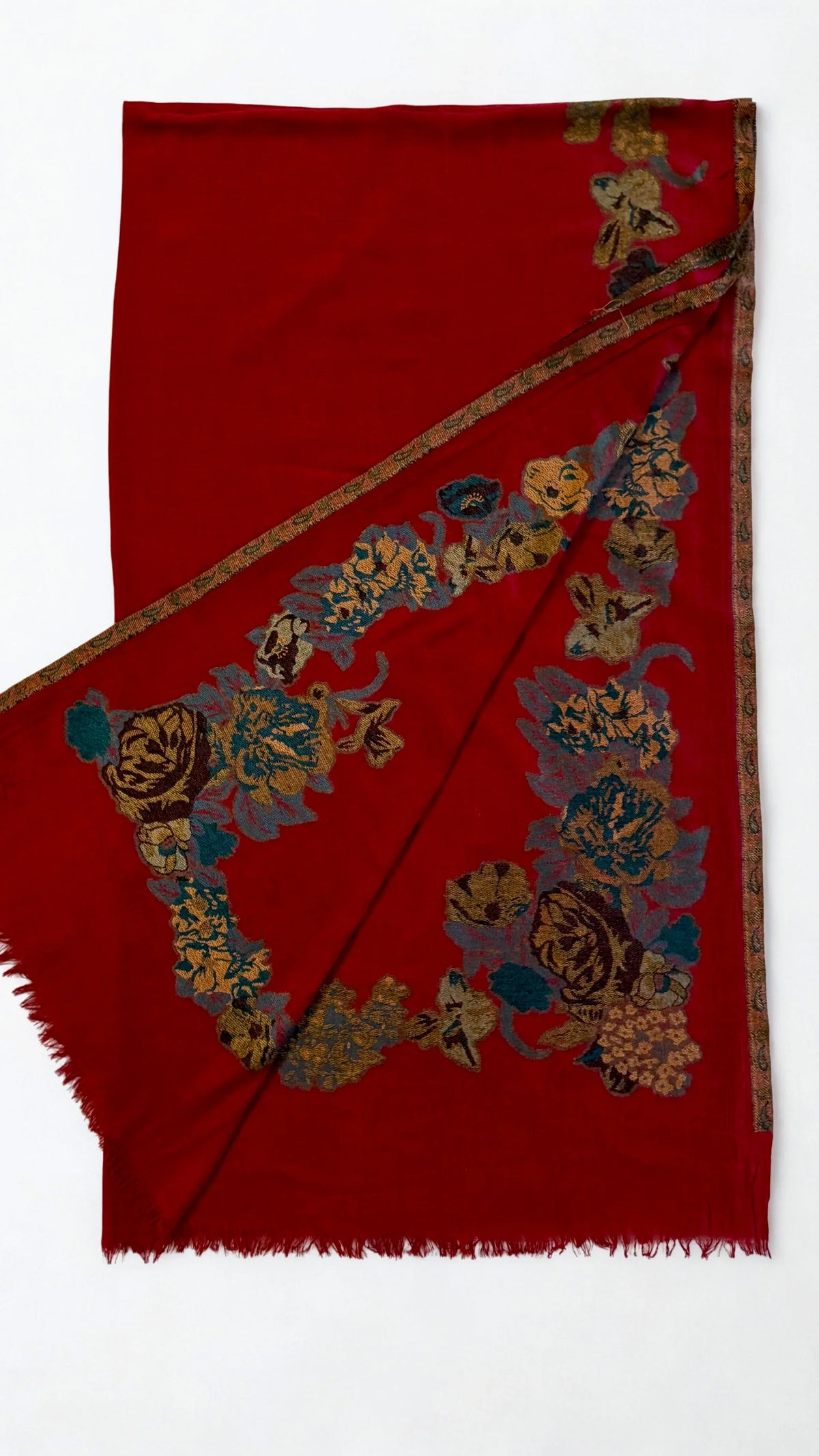 Pure Kashmiri Pashmina Kani shawl in red, handwoven Kani pashmina, view 2