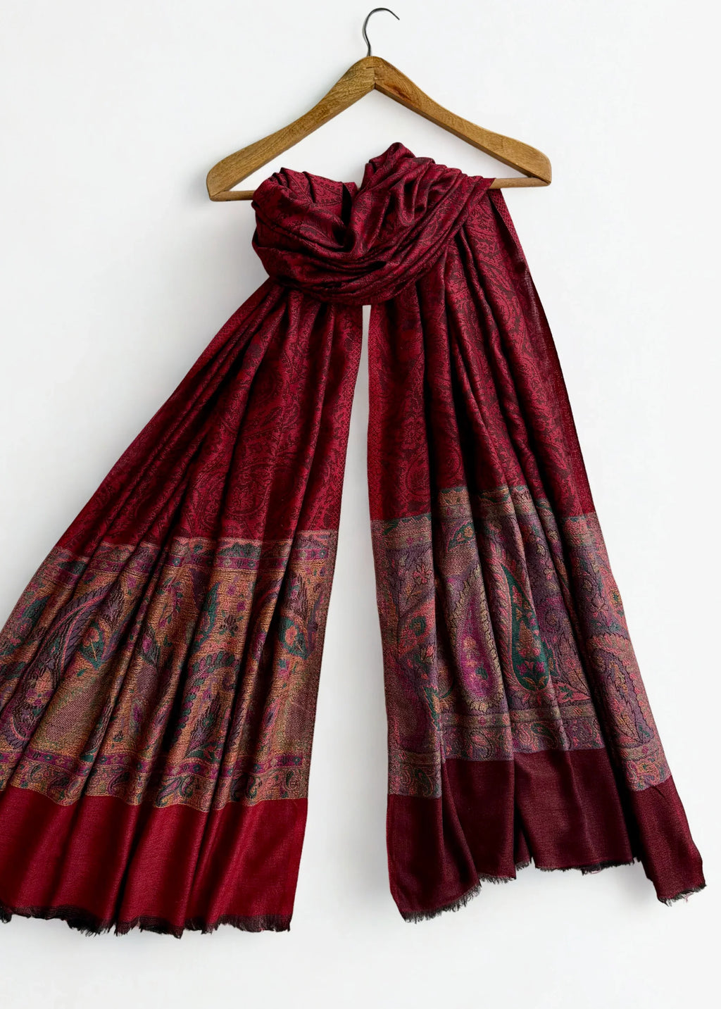 Fine Pashmina Ring Palladar shawl in maroon, handwoven pashmina ring shawl, view 2
