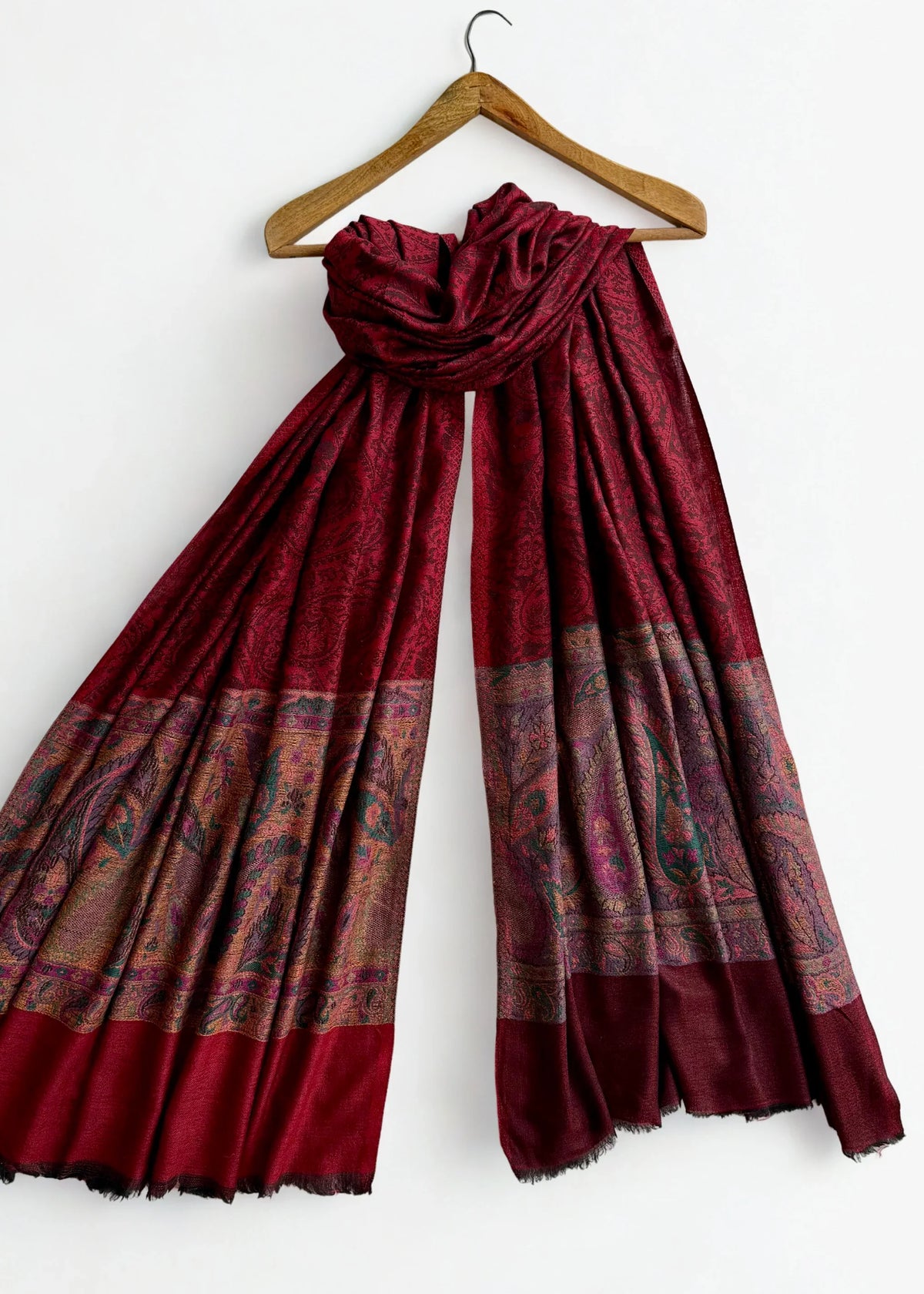 Fine Pashmina Ring Palladar shawl in maroon, handwoven pashmina ring shawl, view 2